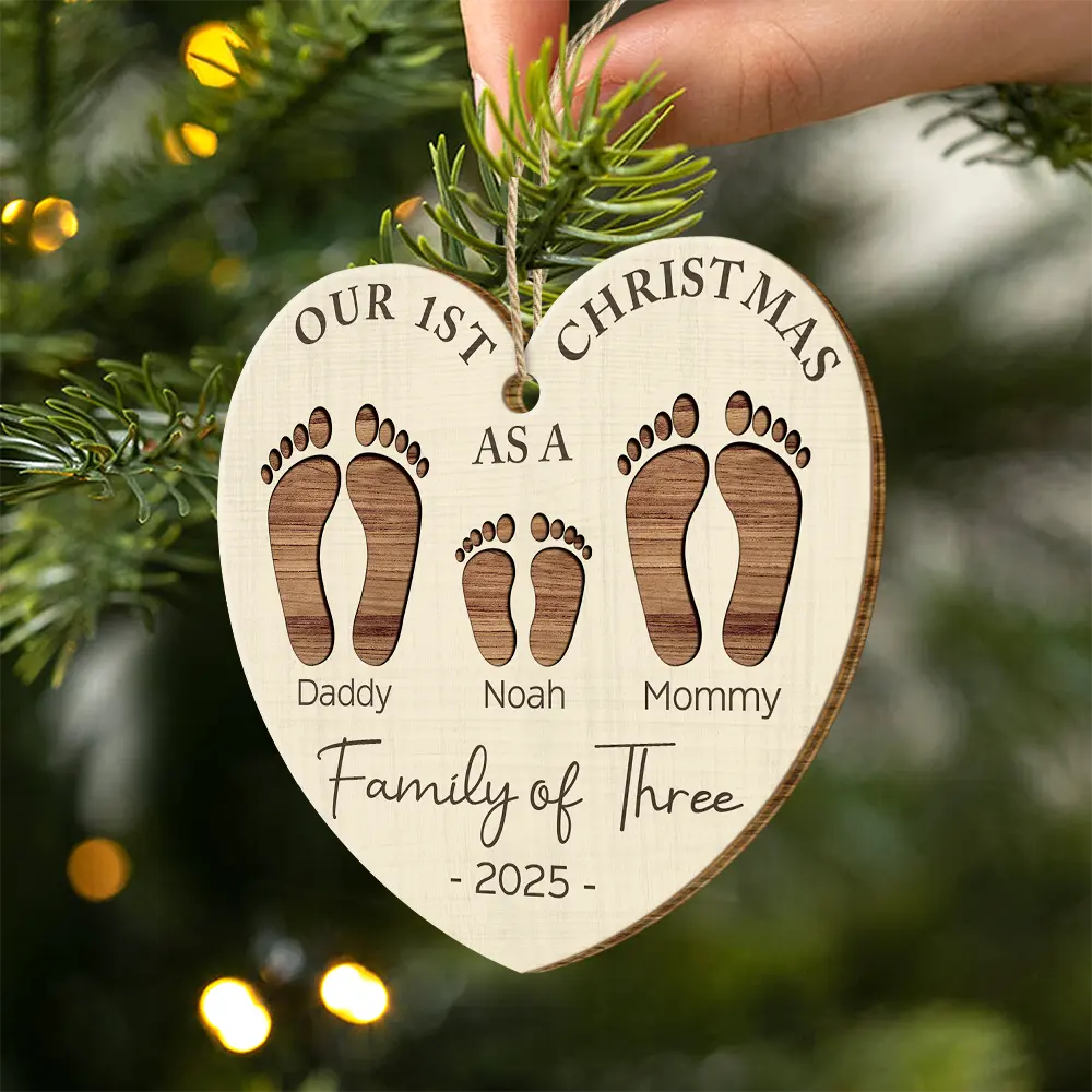 First Christmas As A Family Of Four Footprints - Personalized Custom Shaped Wooden Ornament
