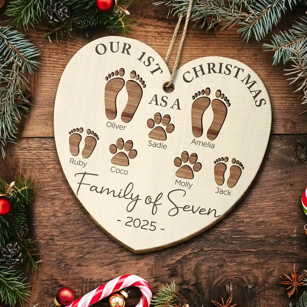 First Christmas As A Family Of Four Footprints - Personalized Custom Shaped Wooden Ornament