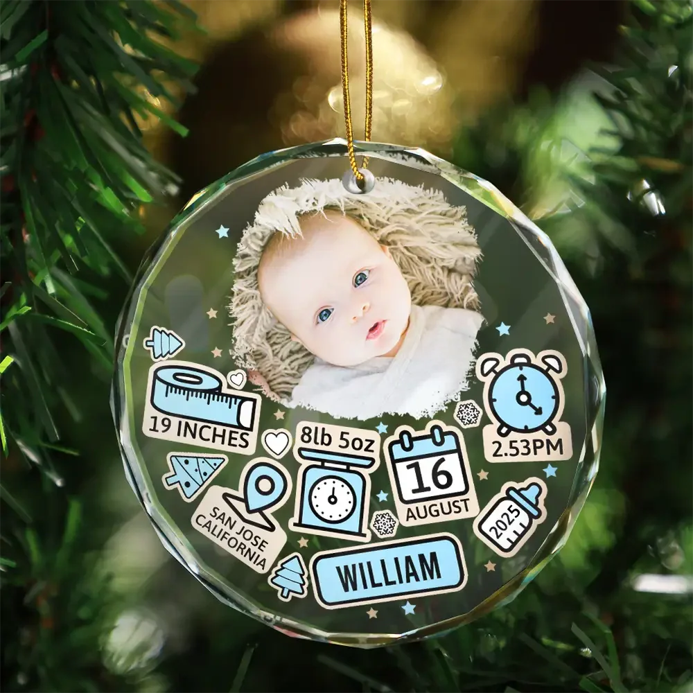 Custom Photo Baby First Christmas - Personalized Circle Glass Ornament
