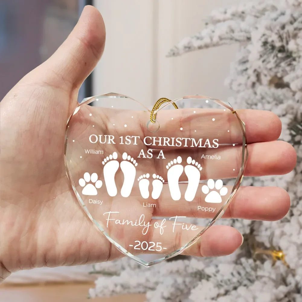 First Christmas As A Family Of Four Footprints - Personalized Heart Shaped Glass Ornament