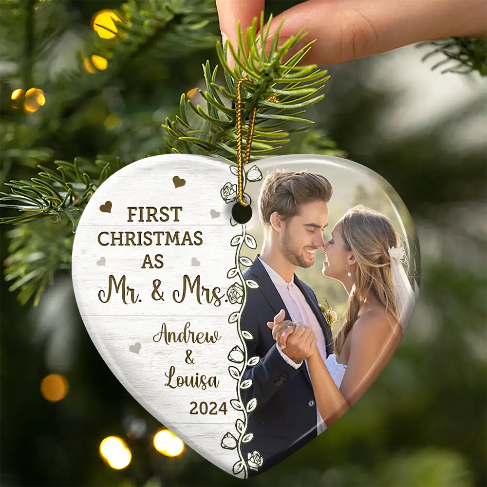 Custom Photo First Christmas Married - Personalized Heart Ceramic Ornament