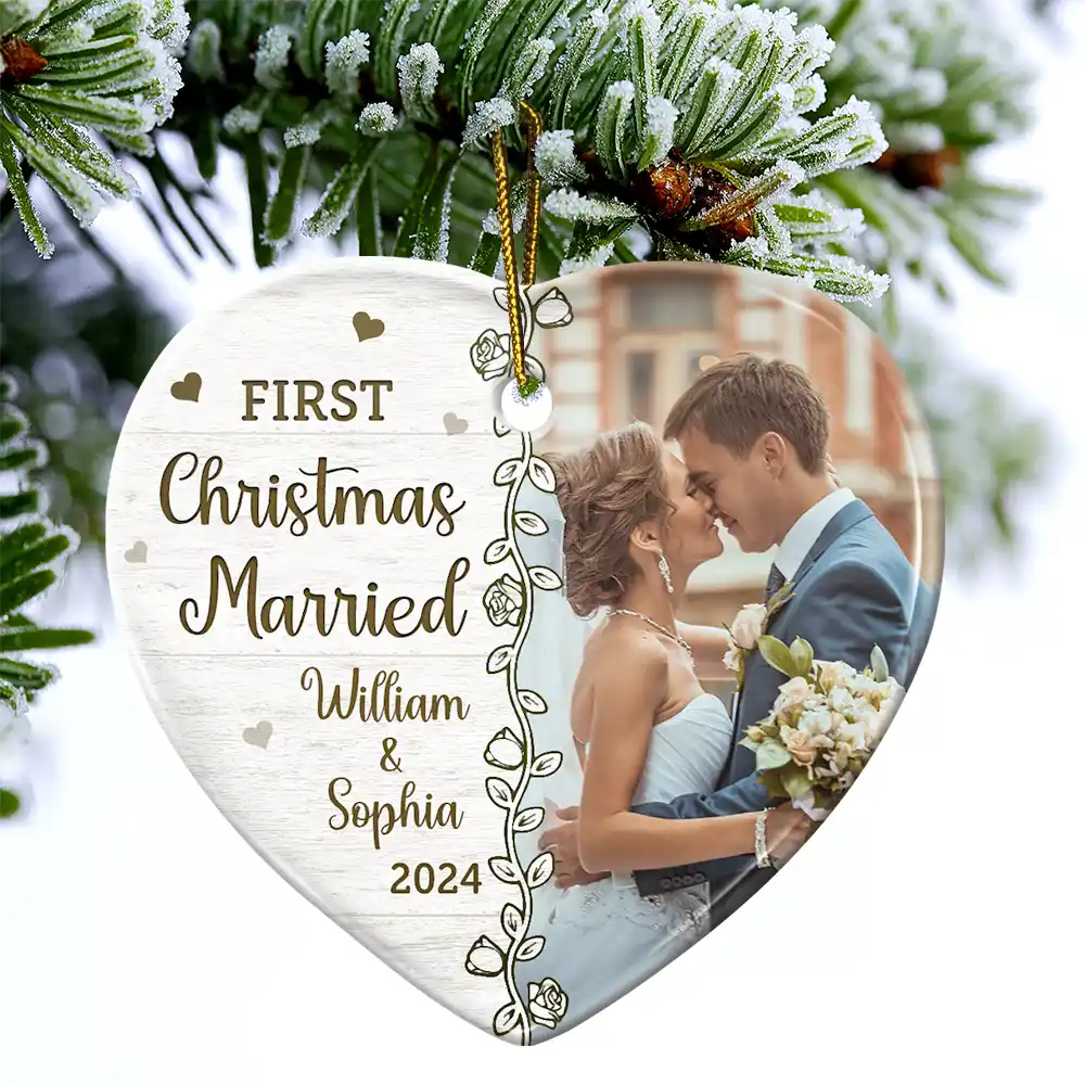 Custom Photo First Christmas Married - Personalized Heart Ceramic Ornament