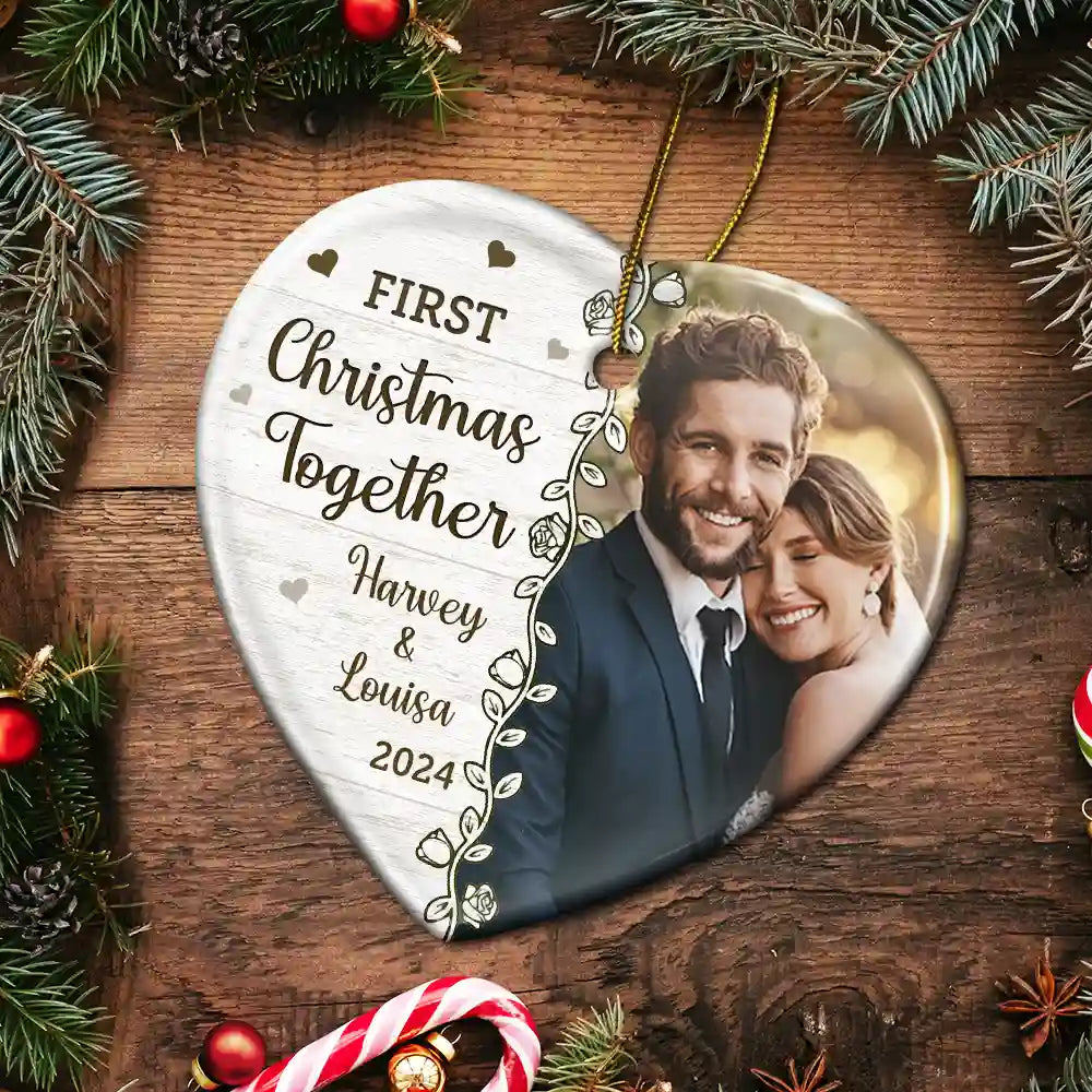 Custom Photo First Christmas Married - Personalized Heart Ceramic Ornament