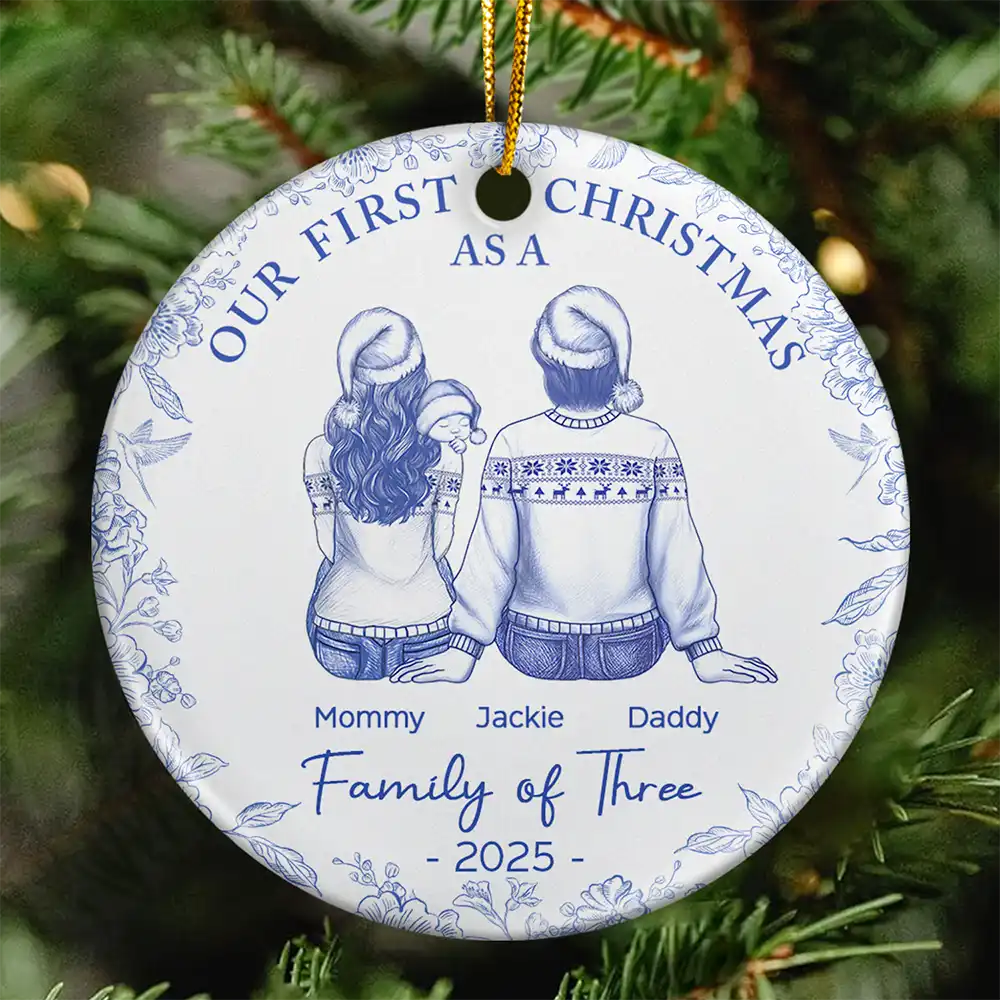 First Christmas As A Family Of Three New Parents Toile - Personalized Circle Ceramic Ornament