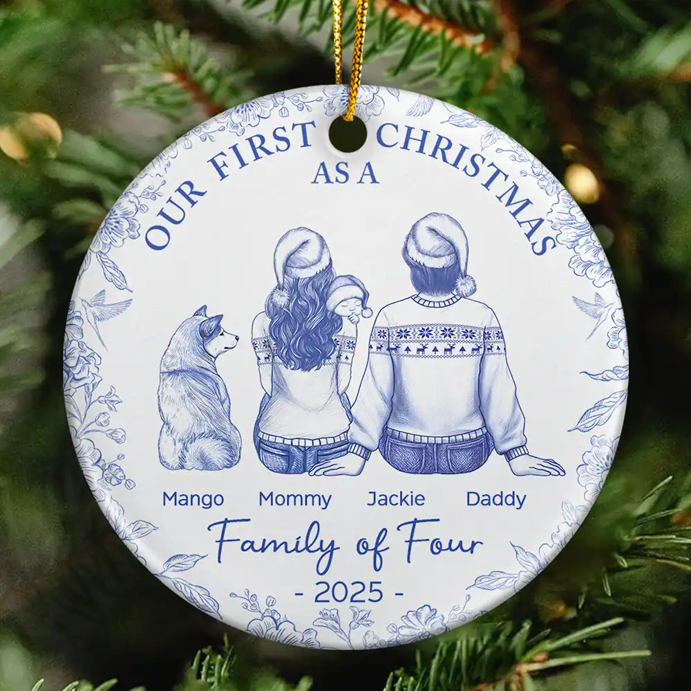 First Christmas As A Family Of Three New Parents Toile - Personalized Circle Ceramic Ornament
