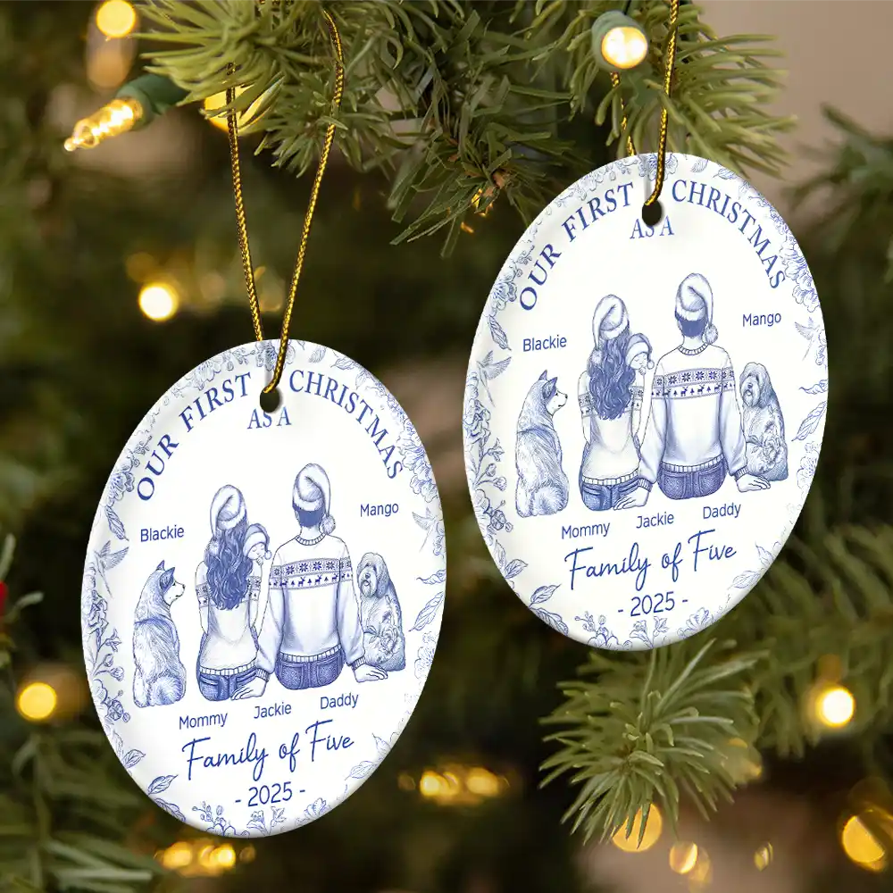 First Christmas As A Family Of Three New Parents Toile - Personalized Circle Ceramic Ornament