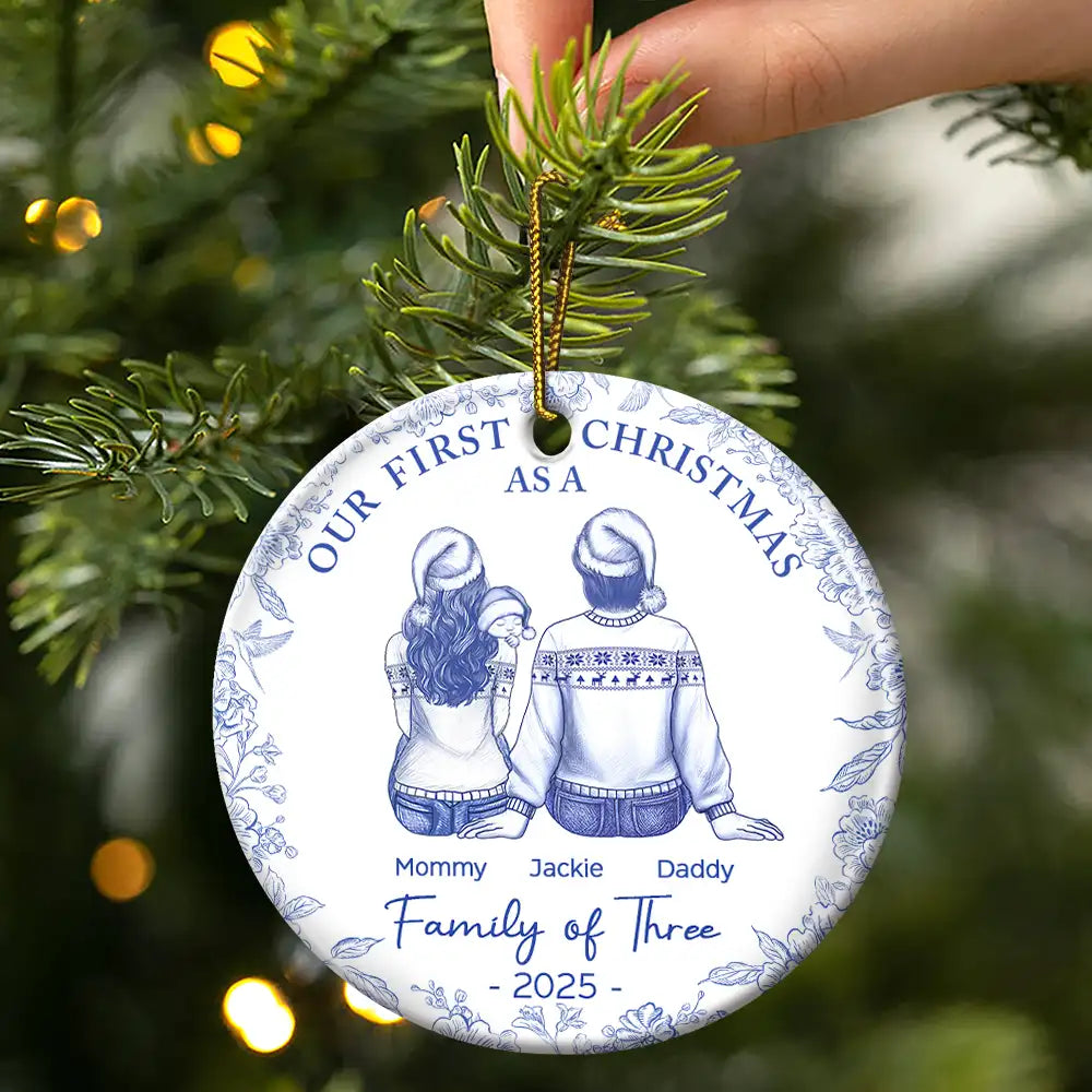 First Christmas As A Family Of Three New Parents Toile - Personalized Circle Ceramic Ornament
