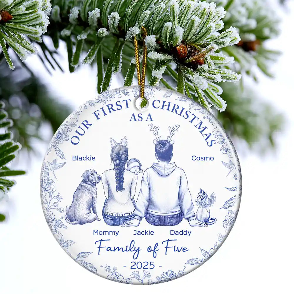 First Christmas As A Family Of Three New Parents Toile - Personalized Circle Ceramic Ornament