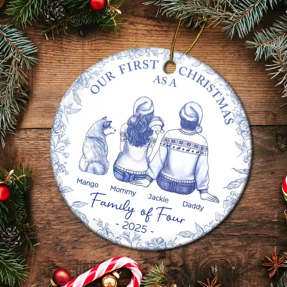 First Christmas As A Family Of Three New Parents Toile - Personalized Circle Ceramic Ornament