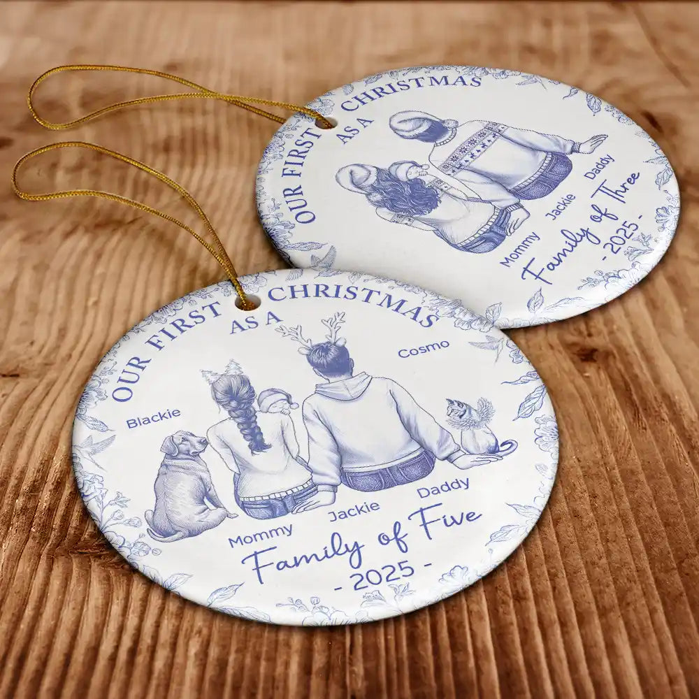 First Christmas As A Family Of Three New Parents Toile - Personalized Circle Ceramic Ornament