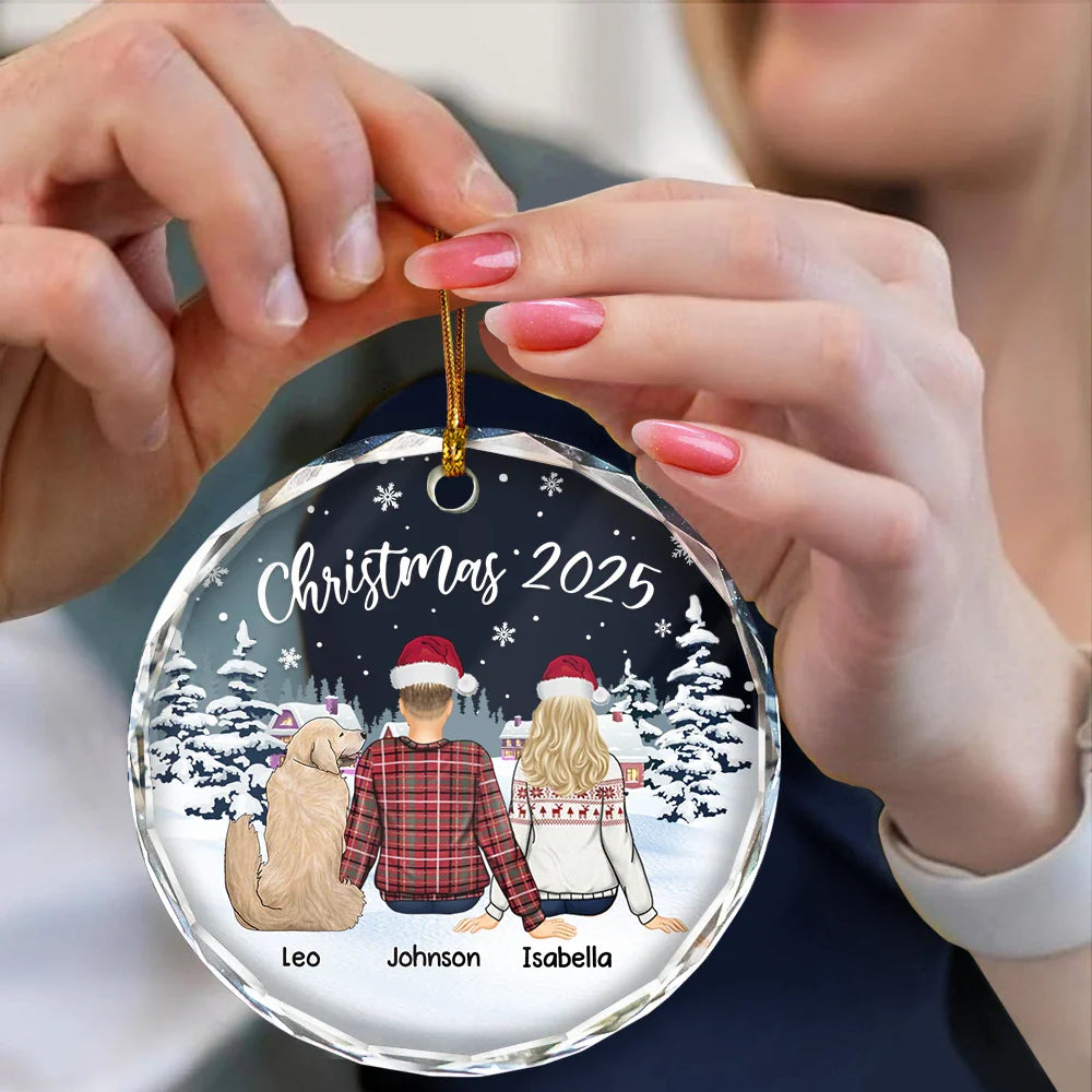 Couple & Pets Christmas - Personalized Circle Glass Ornament