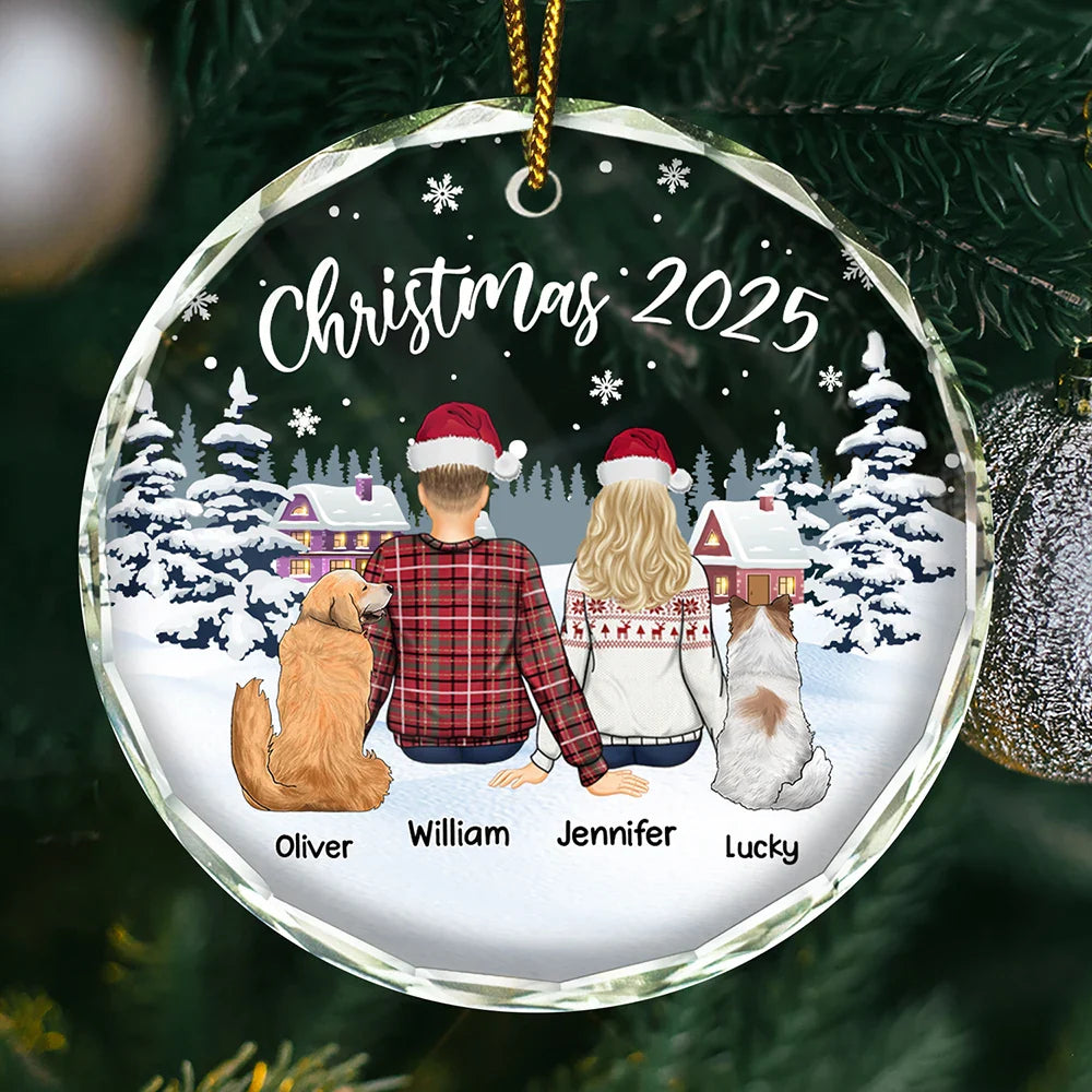 Couple & Pets Christmas - Personalized Circle Glass Ornament