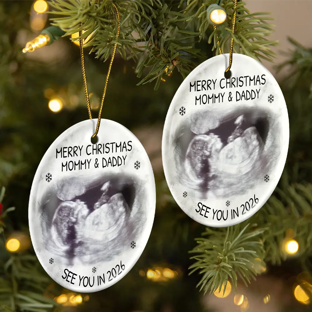 Custom Photo Baby Expecting See You In 2026 - Personalized Circle Ceramic Ornament