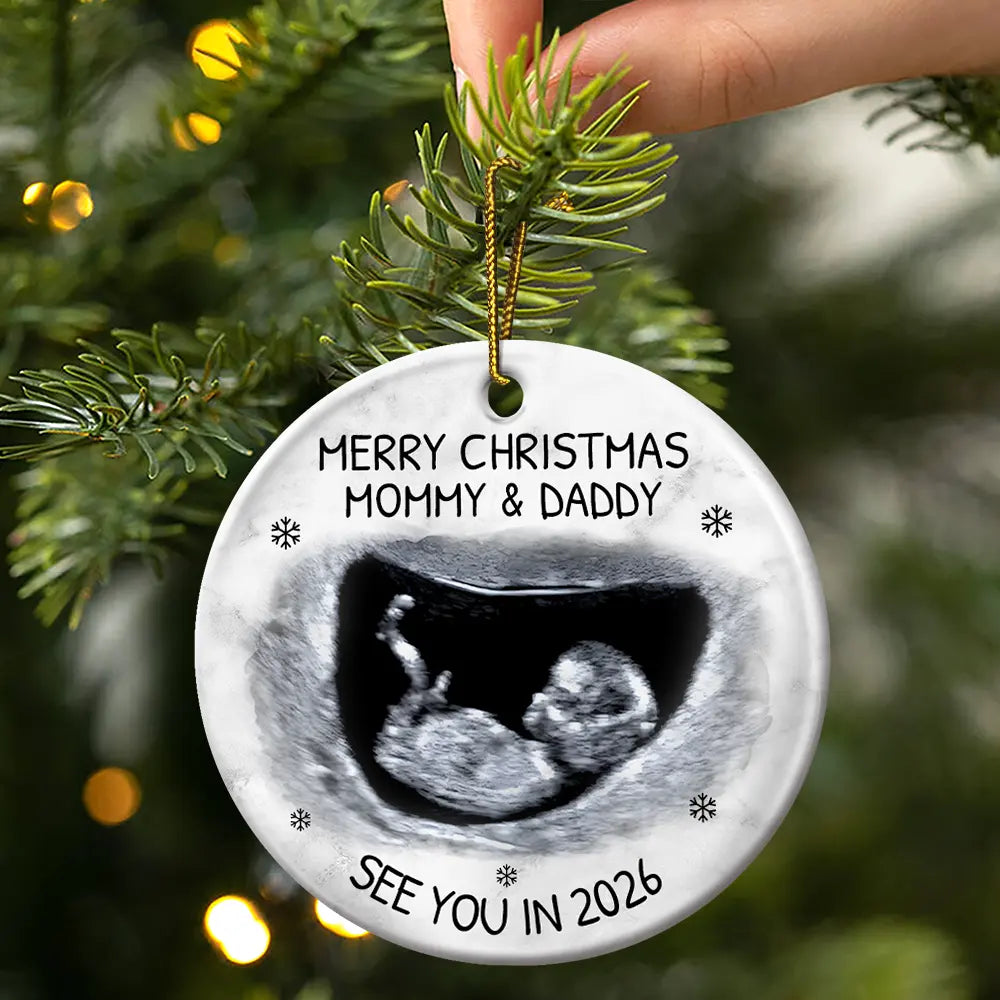 Custom Photo Baby Expecting See You In 2026 - Personalized Circle Ceramic Ornament