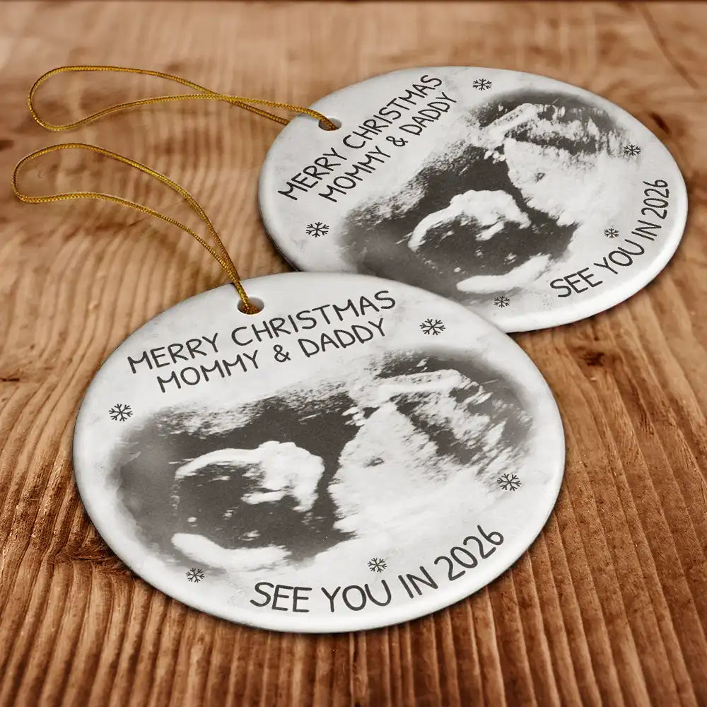 Custom Photo Baby Expecting See You In 2026 - Personalized Circle Ceramic Ornament