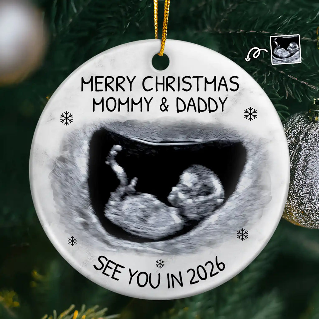 Custom Photo Baby Expecting See You In 2026 - Personalized Circle Ceramic Ornament