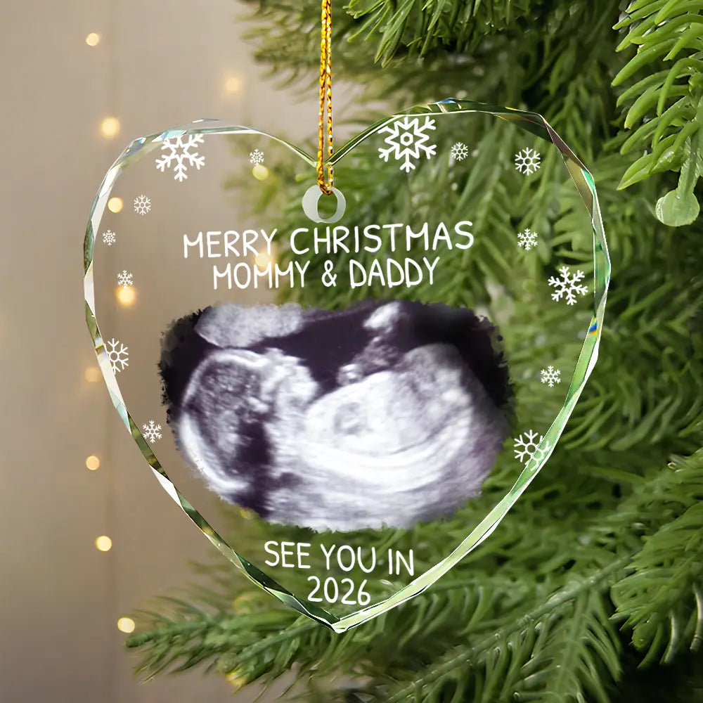 Custom Photo Baby Expecting See You In 2026 - Personalized Heart Shaped Glass Ornament