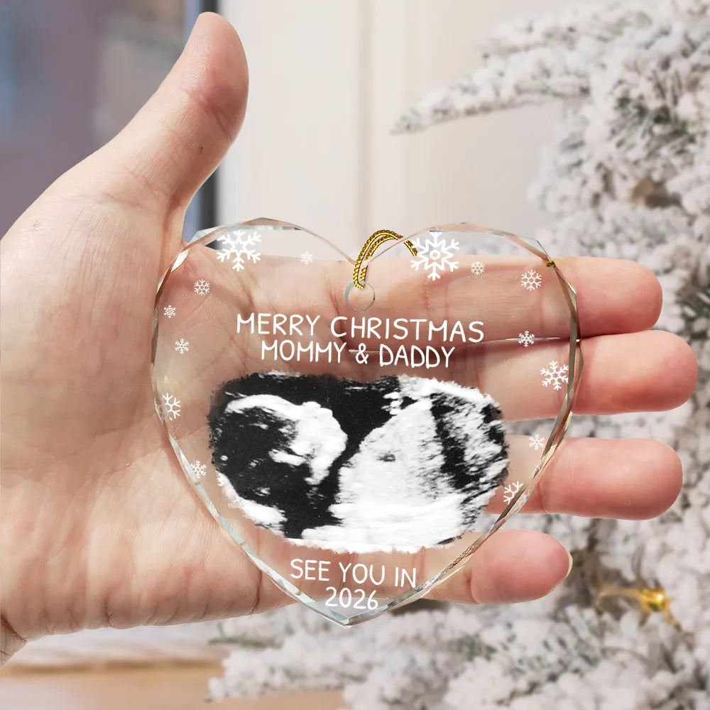 Custom Photo Baby Expecting See You In 2026 - Personalized Heart Shaped Glass Ornament