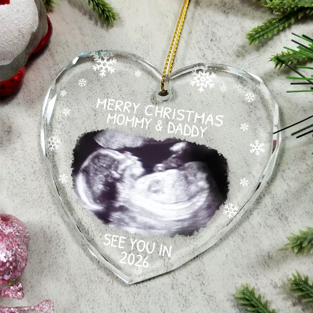 Custom Photo Baby Expecting See You In 2026 - Personalized Heart Shaped Glass Ornament