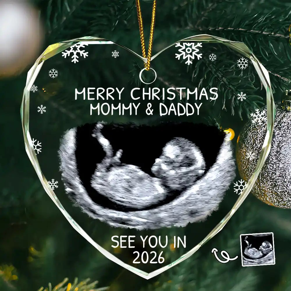 Custom Photo Baby Expecting See You In 2026 - Personalized Heart Shaped Glass Ornament