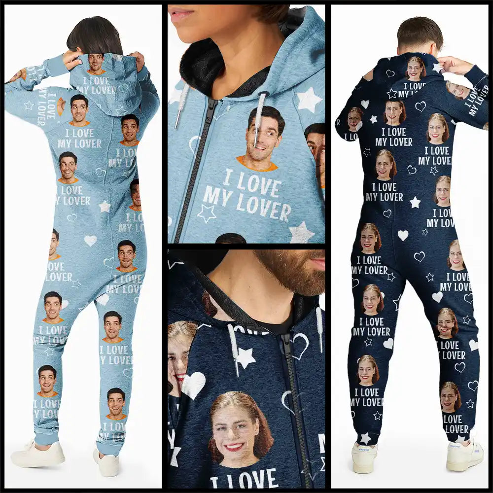 Custom Photo Funny I Love My Wife Husband - Personalized Overall Onesie Hooded Jumpsuit