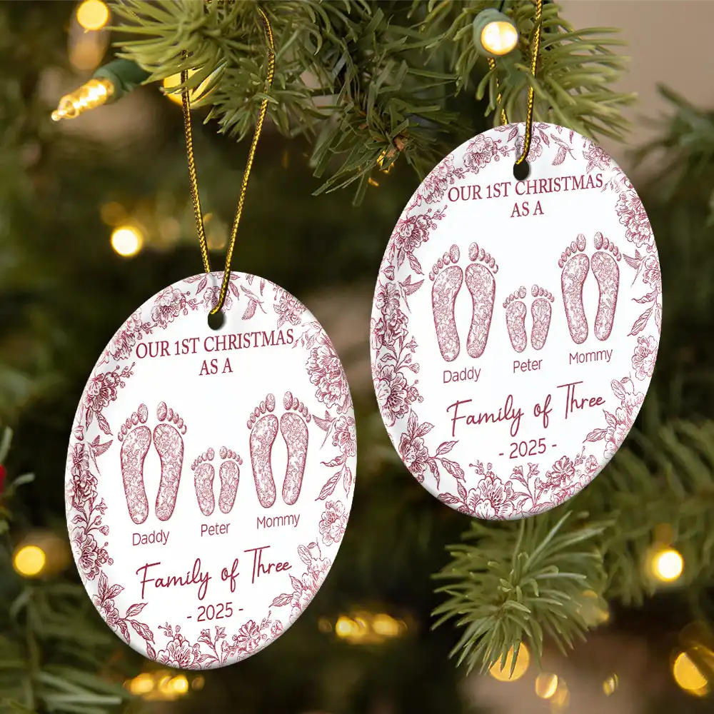 First Christmas As A Family Of Four Toile Footprints - Personalized Circle Ceramic Ornament
