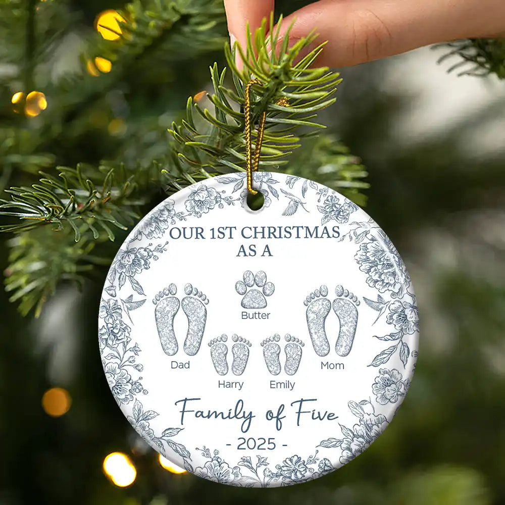 First Christmas As A Family Of Four Toile Footprints - Personalized Circle Ceramic Ornament