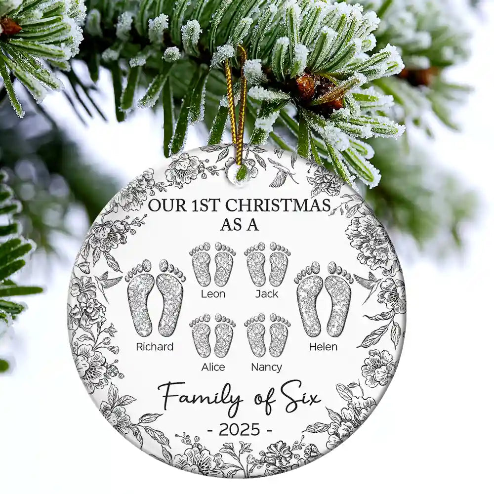 First Christmas As A Family Of Four Toile Footprints - Personalized Circle Ceramic Ornament