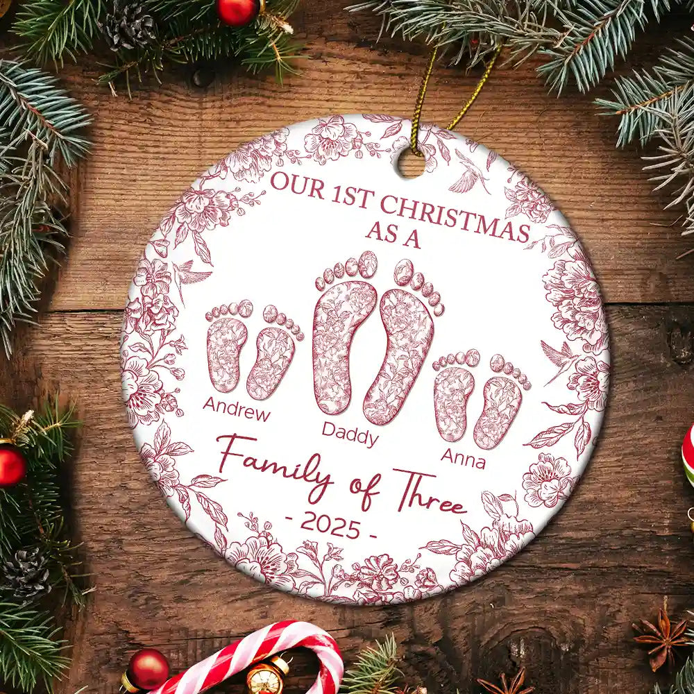 First Christmas As A Family Of Four Toile Footprints - Personalized Circle Ceramic Ornament