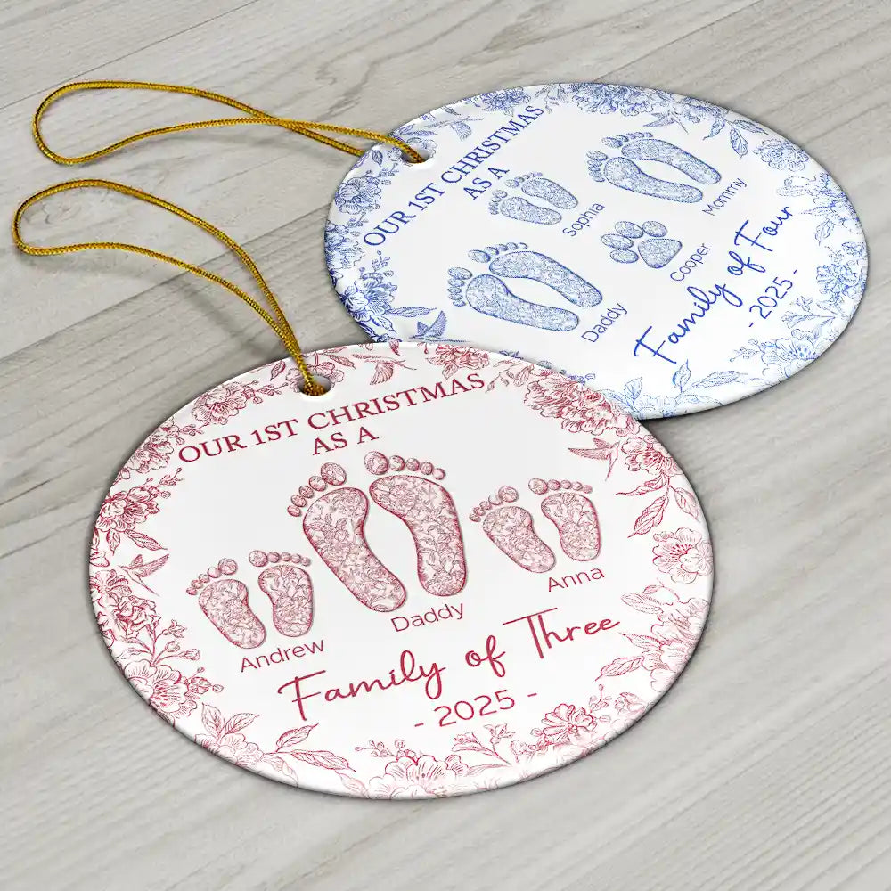 First Christmas As A Family Of Four Toile Footprints - Personalized Circle Ceramic Ornament
