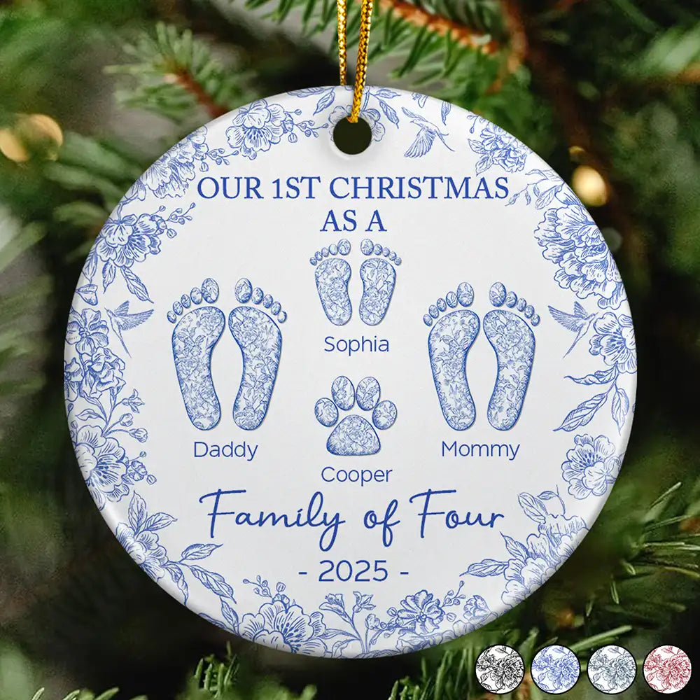First Christmas As A Family Of Four Toile Footprints - Personalized Circle Ceramic Ornament