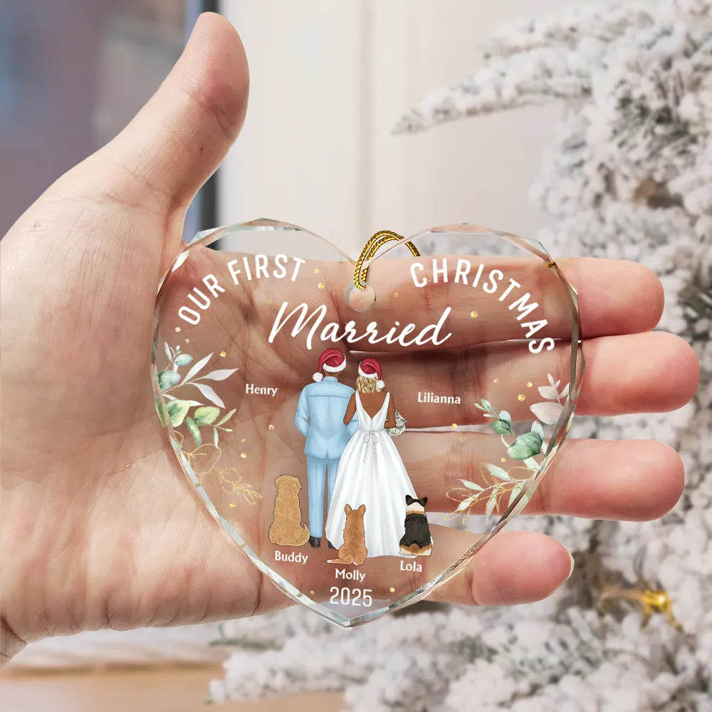 Our First Christmas As Mr & Mrs Wedding Couple Pet - Personalized Heart Shaped Glass Ornament