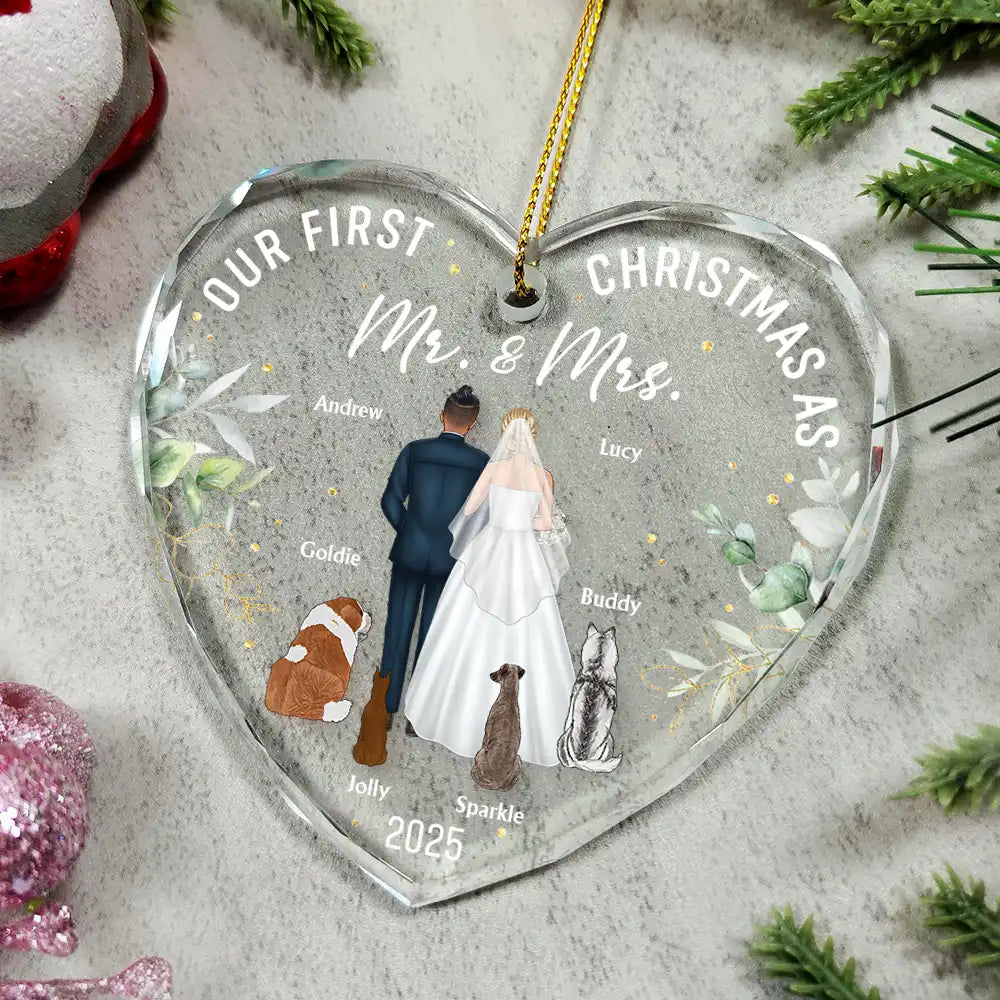 Our First Christmas As Mr & Mrs Wedding Couple Pet - Personalized Heart Shaped Glass Ornament