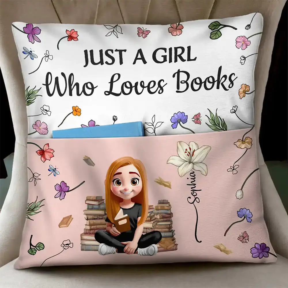 My Reading Pillow Reading Girl With Birth Month Flower - Personalized Pocket Pillow