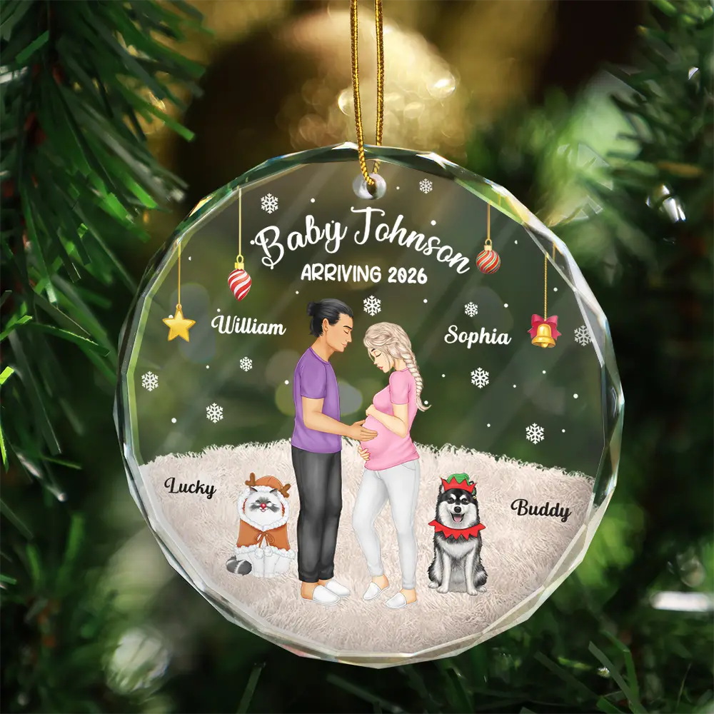 Expecting Parents Baby Arriving Dog Parents To Human Parents - Personalized Circle Glass Ornament