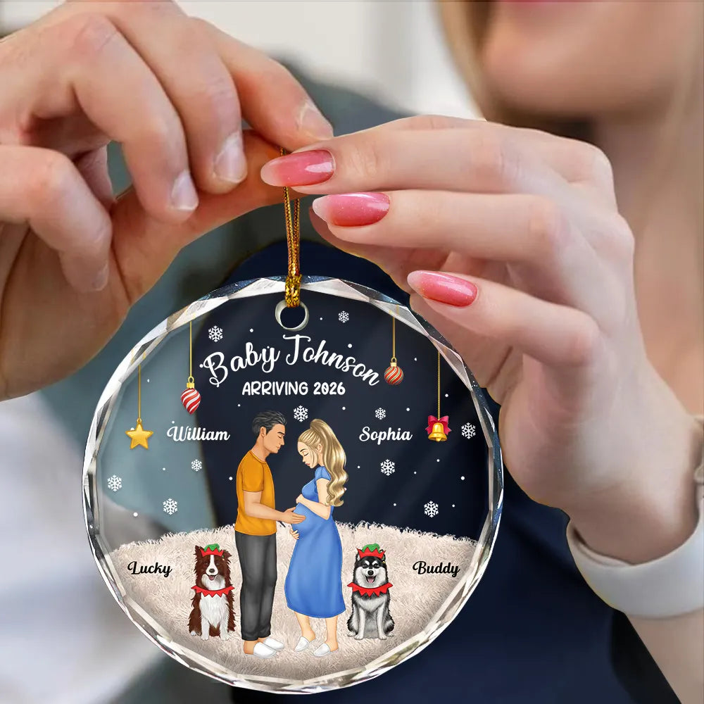 Expecting Parents Baby Arriving Dog Parents To Human Parents - Personalized Circle Glass Ornament