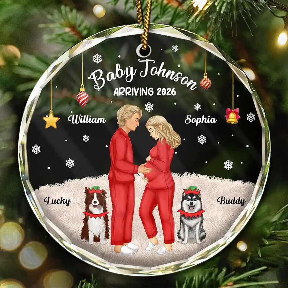 Expecting Parents Baby Arriving Dog Parents To Human Parents - Personalized Circle Glass Ornament