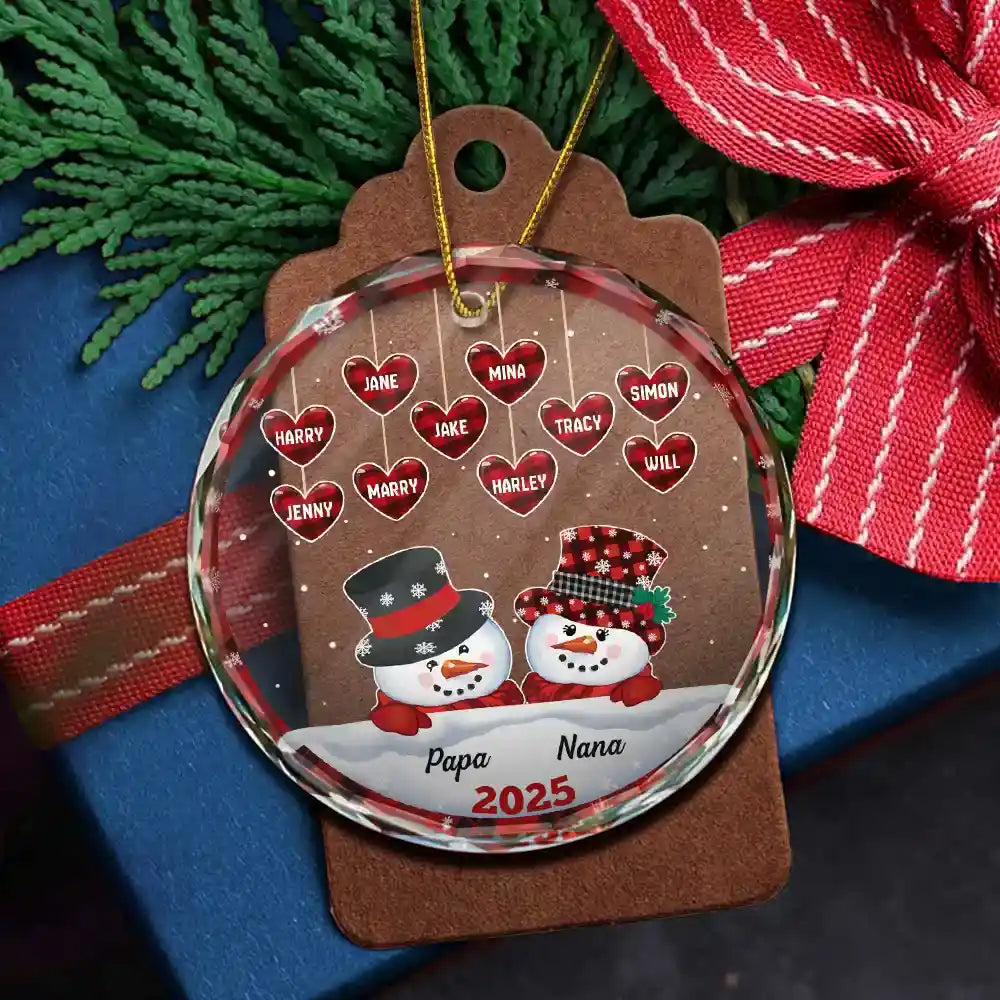 Papa Nana Snowman Christmas Grandparents - Personalized Circle Glass Ornament