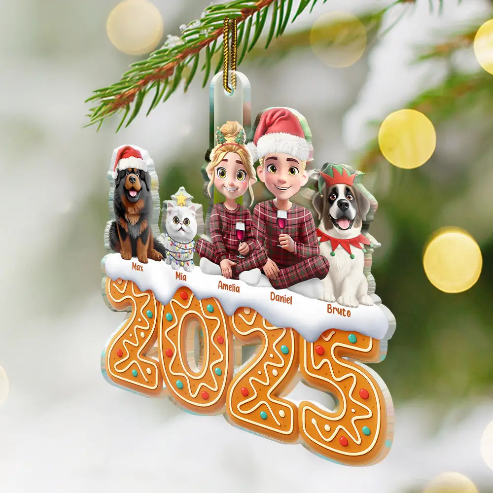 Christmas Gingerbread Family 3D Effect Up To 10 Members - Personalized Custom Shaped Acrylic Ornament